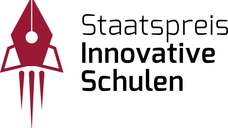 Logo Staatspreis Innovative Schulen: eine roter Füllfederhalter, der wie eine Rakete nach oben fliegt