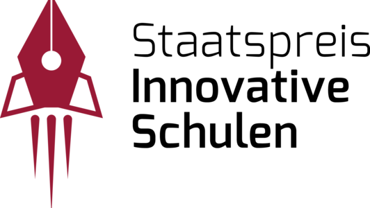 Logo Staatspreis Innovative Schulen: eine roter Füllfederhalter, der wie eine Rakete nach oben fliegt