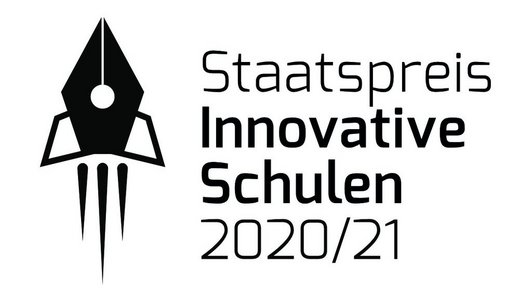 Logo Staatspreis Innovative Schulen 2020/21: eine schwarze Füllfederspitze, die wie eine Rakete nach oben wegfliegt