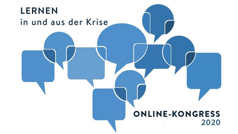 Sujet zum Online-Kongress "Lernen in und aus der Krise": Sprechblasen in unterschiedlichen Größen und Formen in Blautönen, die im AUstausch sind. 